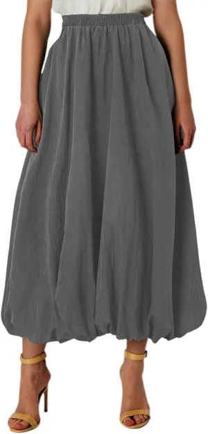 Bubble Skirts for Women Y2K Elastic Waist Pleated Flowy A-Line Puffy Hem Bubble Midi Long Skirt Dress with Pockets