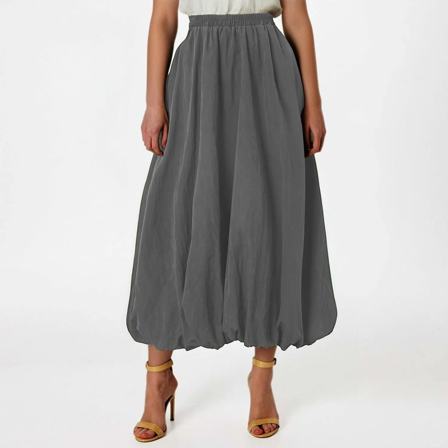 Bubble Skirts for Women Y2K Elastic Waist Pleated Flowy A-Line Puffy Hem Bubble Midi Long Skirt Dress with Pockets
