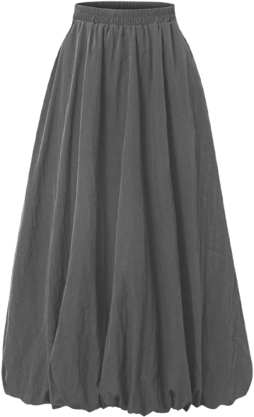 Bubble Skirts for Women Y2K Elastic Waist Pleated Flowy A-Line Puffy Hem Bubble Midi Long Skirt Dress with Pockets