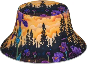 Bucket Hats for Men Woman - Reversible Cosmic Irises at Twilight Reflective-Brim Beach Bucket Hat, Double-Side-Wear Sun Boonie Hat for Golf Ravel Outdoor Fishing Hiking Black