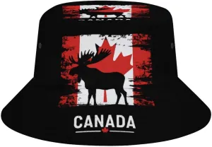 Canada Maple and Moose Flag Print Bucket Hat for Men Women Summer Beach Sun Hats Outdoor Hiking Fishing Caps