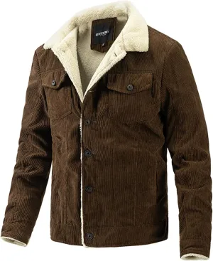 Canbebig Men's Corduroy Sherpa Trucker Jacket Western Jackets Winter Fleece Lined Fur Collar Warm Cowboy Coat with Pockets
