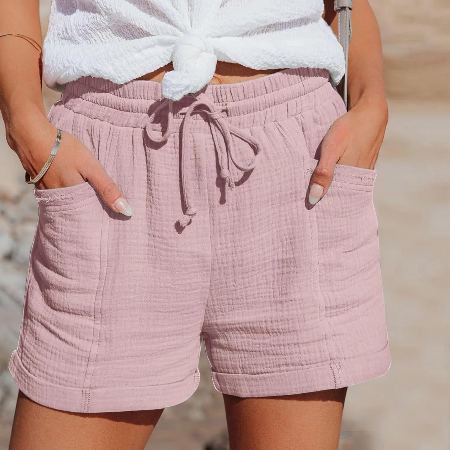 Casual Bermuda Shorts Drawstring Elastic High Waisted Going Out Shorts Comfy Plus Size Shorts with Pockets