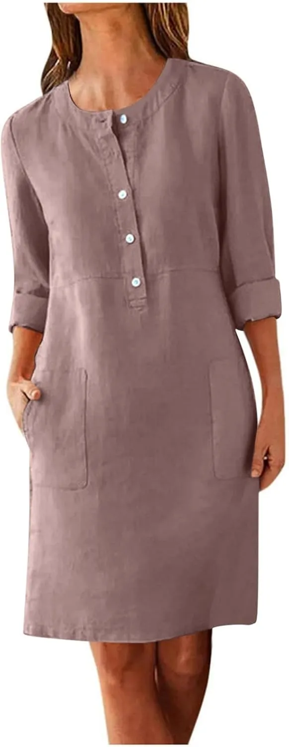 Casual Button Down Dress for Women with Pockets 3/4 Sleeve Shift Dress Shift Summer Casual Work