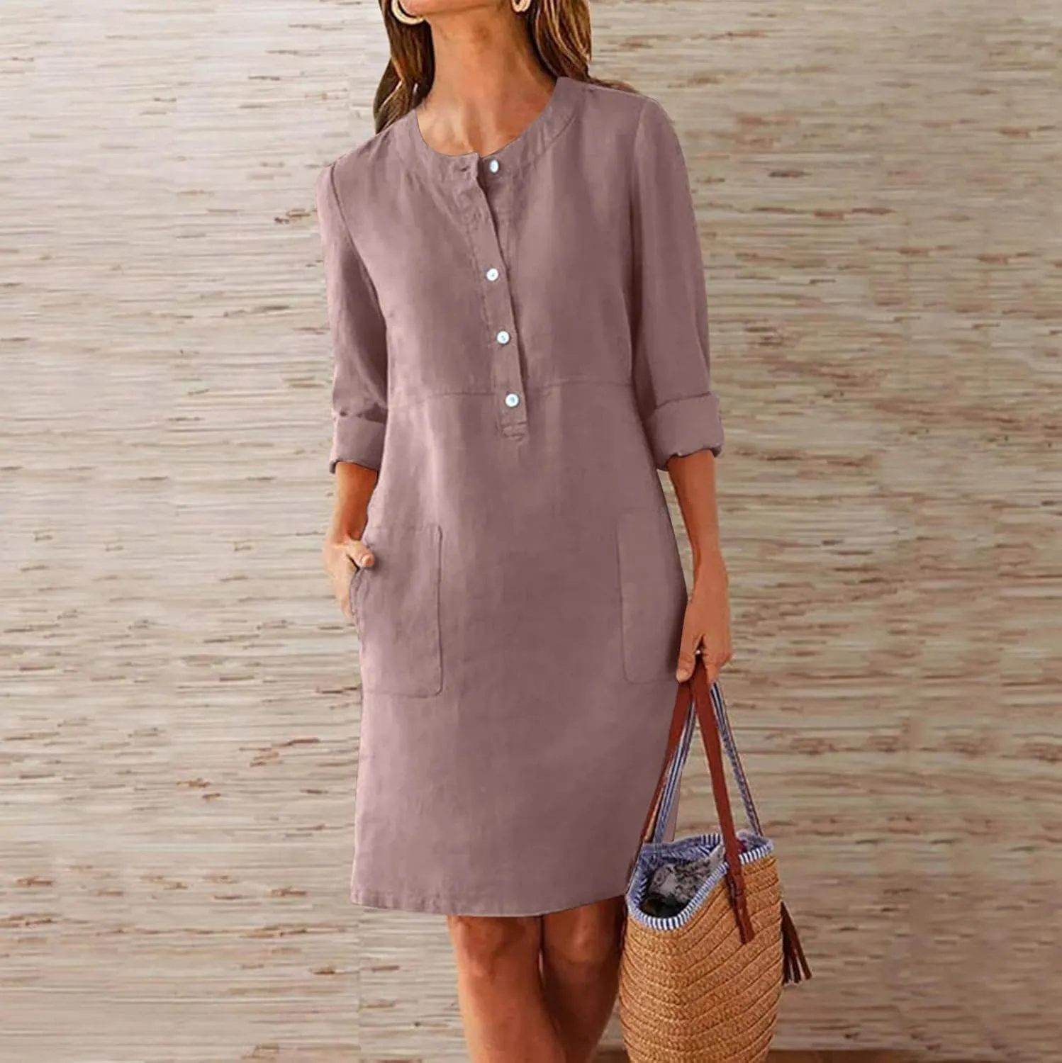 Casual Button Down Dress for Women with Pockets 3/4 Sleeve Shift Dress Shift Summer Casual Work