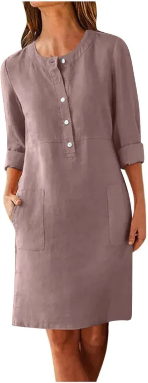 Casual Button Down Dress for Women with Pockets 3/4 Sleeve Shift Dress Shift Summer Casual Work