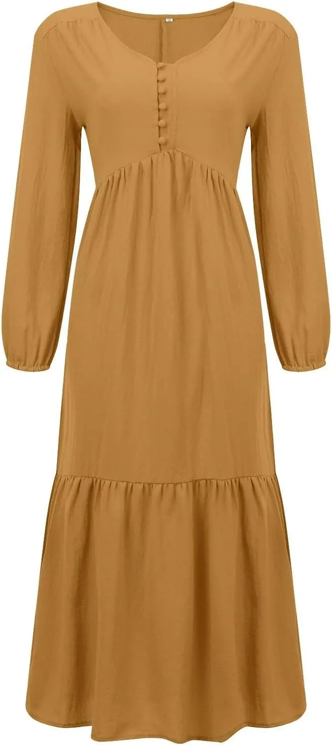 Casual Cotton Linen Dresses Long Sleeve Maxi for Women Button Front V Neck Pleated Dress Swing Flowy Elegant Dresses