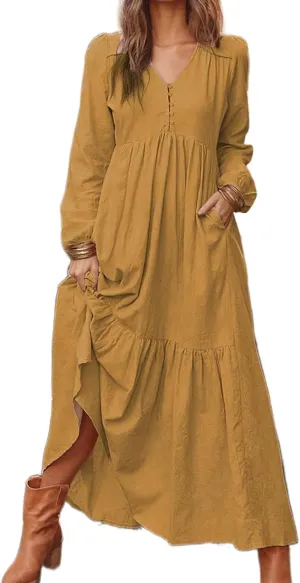 Casual Cotton Linen Dresses Long Sleeve Maxi for Women Button Front V Neck Pleated Dress Swing Flowy Elegant Dresses