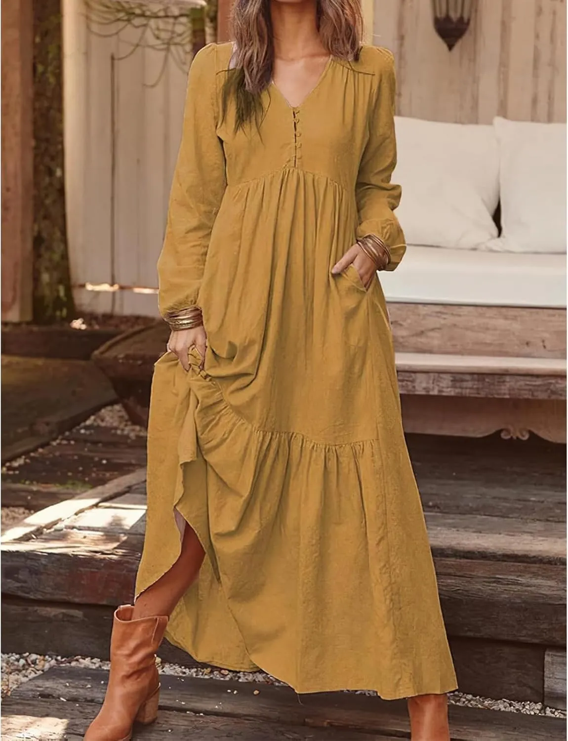 Casual Cotton Linen Dresses Long Sleeve Maxi for Women Button Front V Neck Pleated Dress Swing Flowy Elegant Dresses