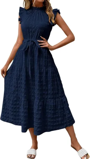 Casual Dresses for Women Ruffle Crewneck Belt Dress Puff Short Sleeve Maxi Dresses Smocked Flowy Ruffle Boho Dress