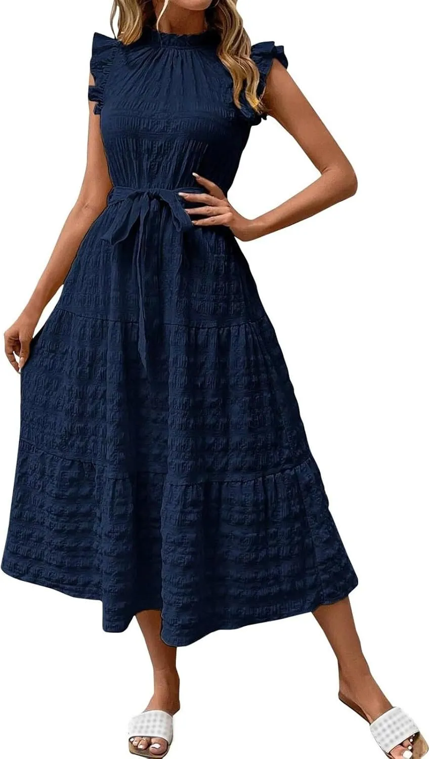 Casual Dresses for Women Ruffle Crewneck Belt Dress Puff Short Sleeve Maxi Dresses Smocked Flowy Ruffle Boho Dress