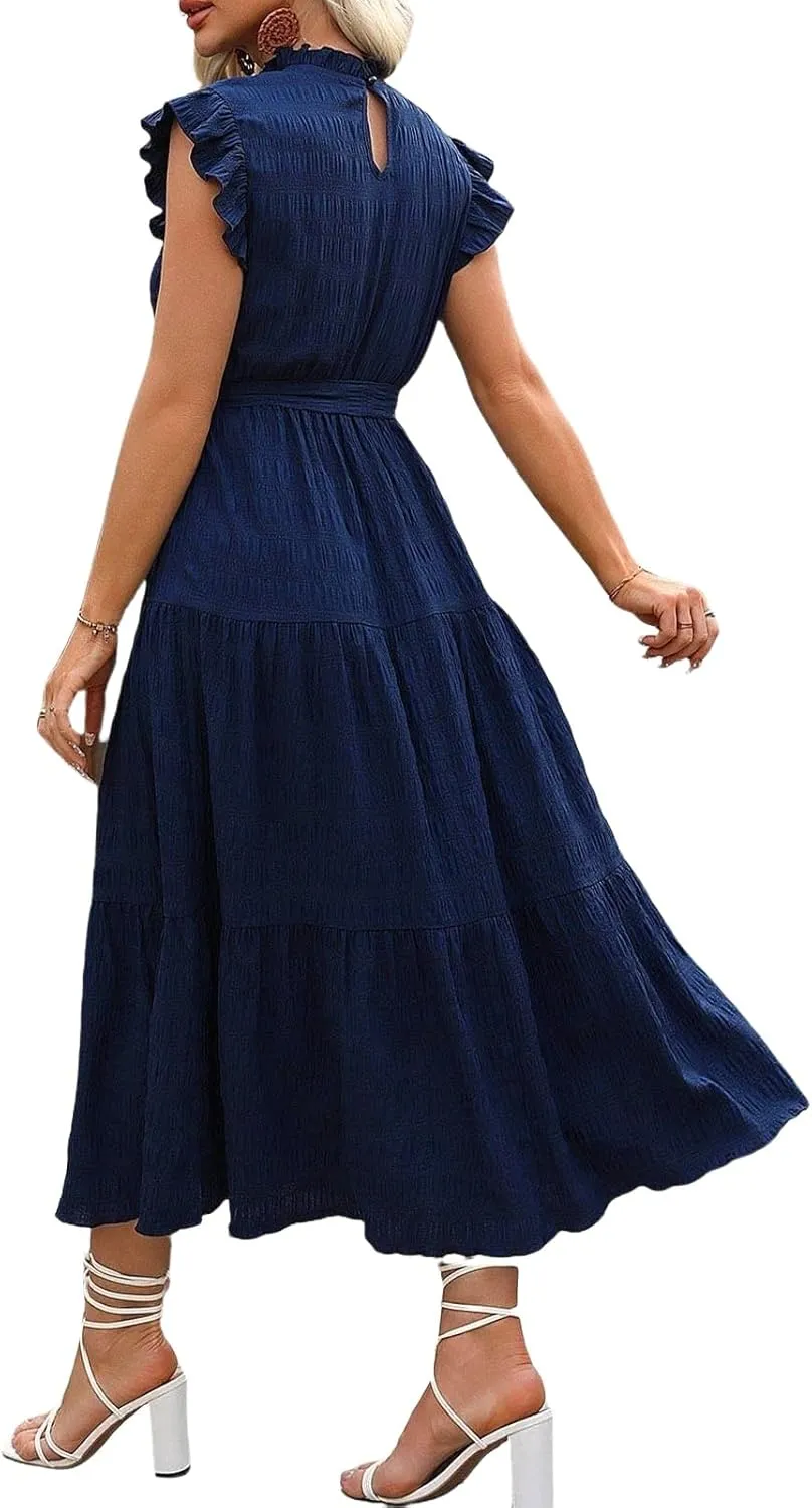 Casual Dresses for Women Ruffle Crewneck Belt Dress Puff Short Sleeve Maxi Dresses Smocked Flowy Ruffle Boho Dress
