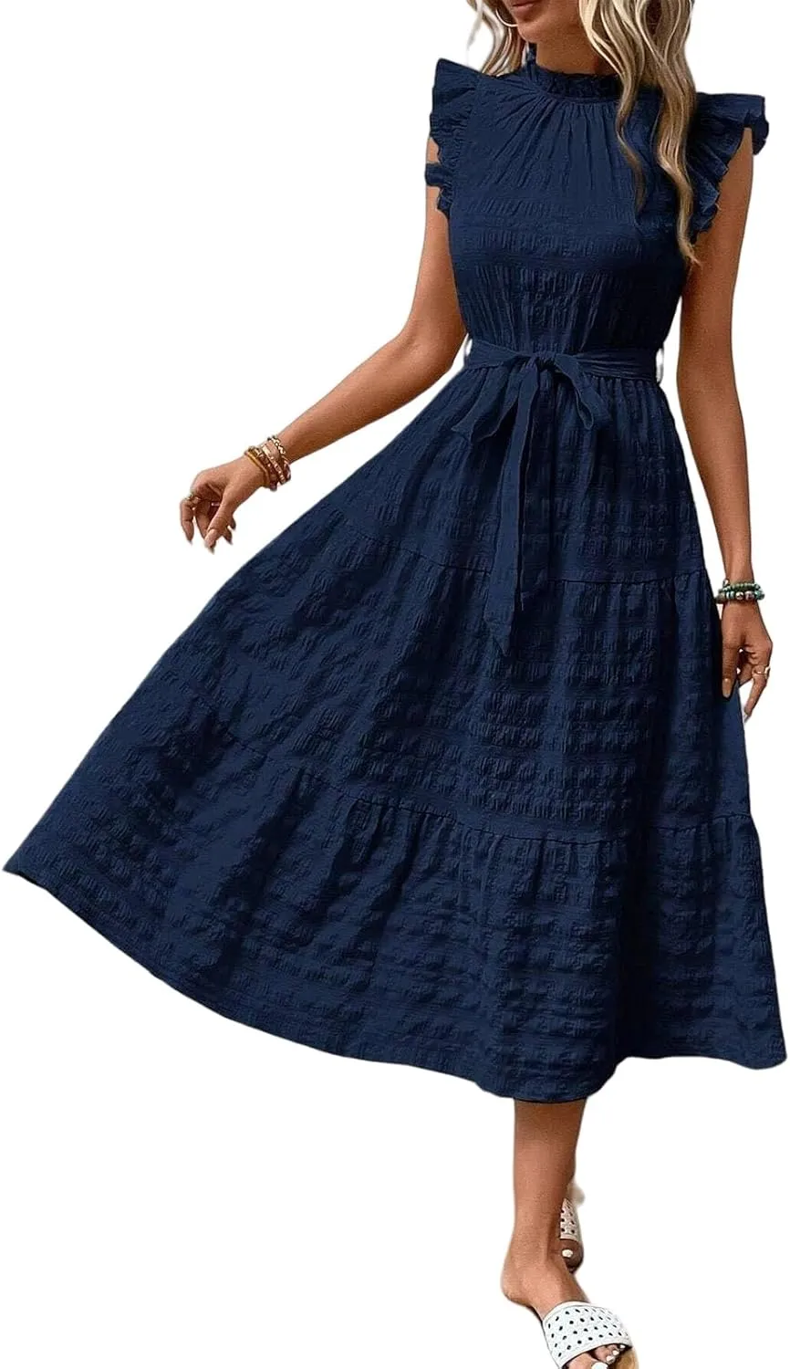 Casual Dresses for Women Ruffle Crewneck Belt Dress Puff Short Sleeve Maxi Dresses Smocked Flowy Ruffle Boho Dress