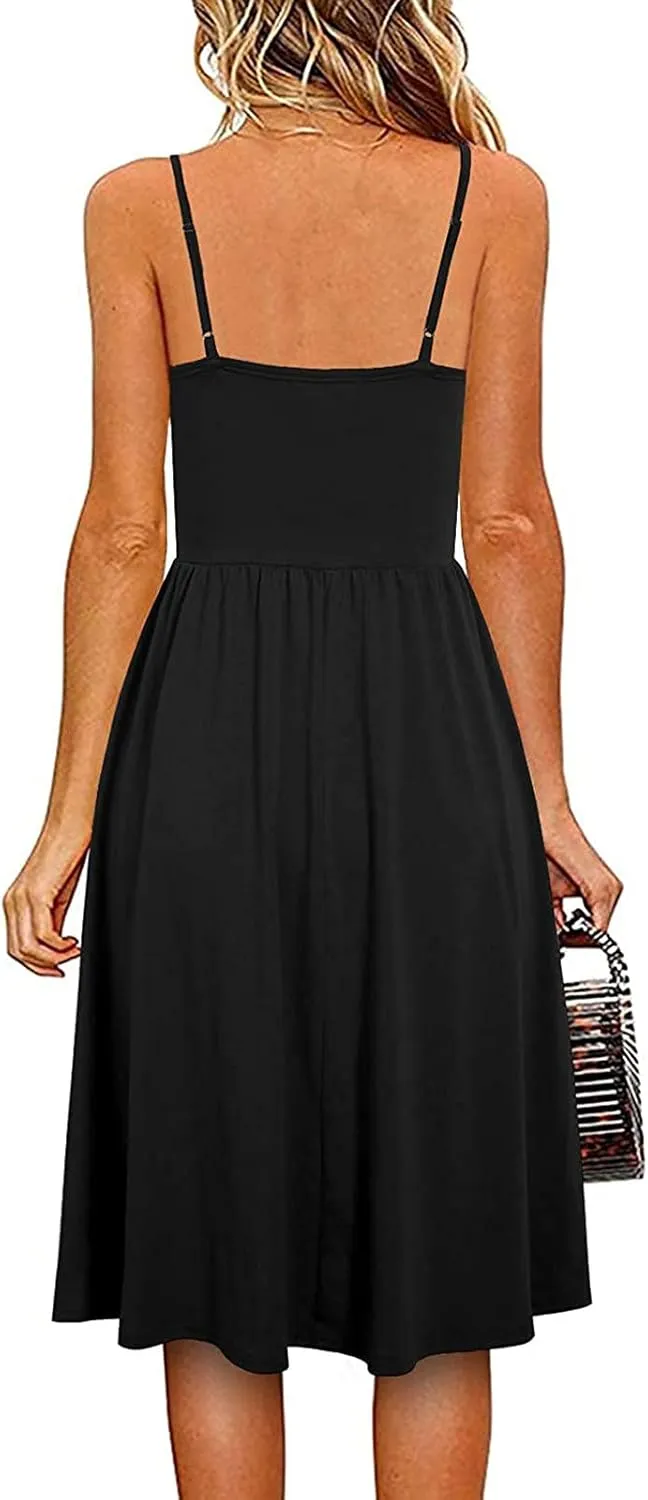 Casual Dresses for Women Spaghetti Strap Dress Sleeveless Dresses with Pockets Flowy Swing Shift Dresses Print Dress