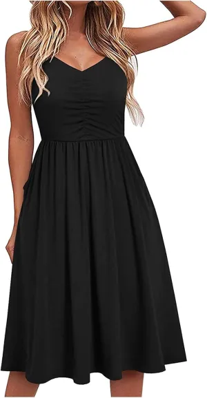 Casual Dresses for Women Spaghetti Strap Dress Sleeveless Dresses with Pockets Flowy Swing Shift Dresses Print Dress