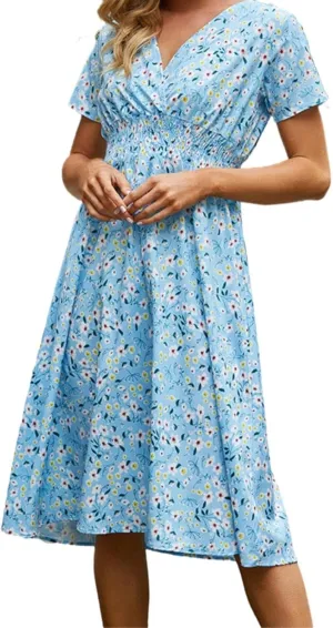 Casual Dresses for Women Summer Floral High Waist Beach Sundress Trendy V Neck Short Sleeve Knee Length A Line Dress