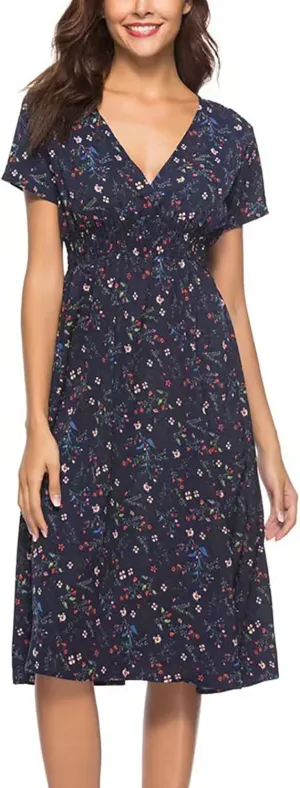 Casual Dresses for Women Summer Floral High Waist Beach Sundress Trendy V Neck Short Sleeve Knee Length A Line Dress