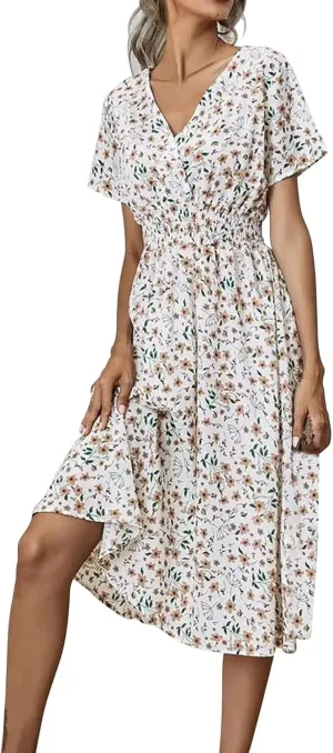 Casual Dresses for Women Summer Floral High Waist Beach Sundress Trendy V Neck Short Sleeve Knee Length A Line Dress