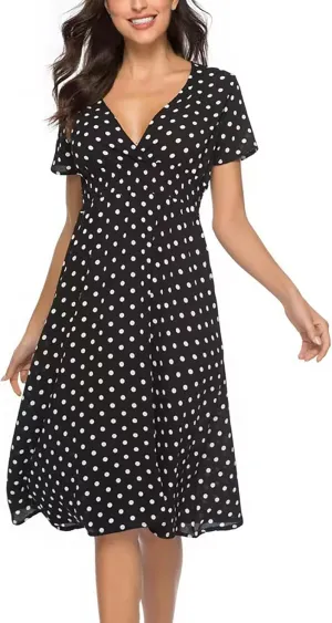 Casual Dresses for Women Summer Floral High Waist Beach Sundress Trendy V Neck Short Sleeve Knee Length A Line Dress