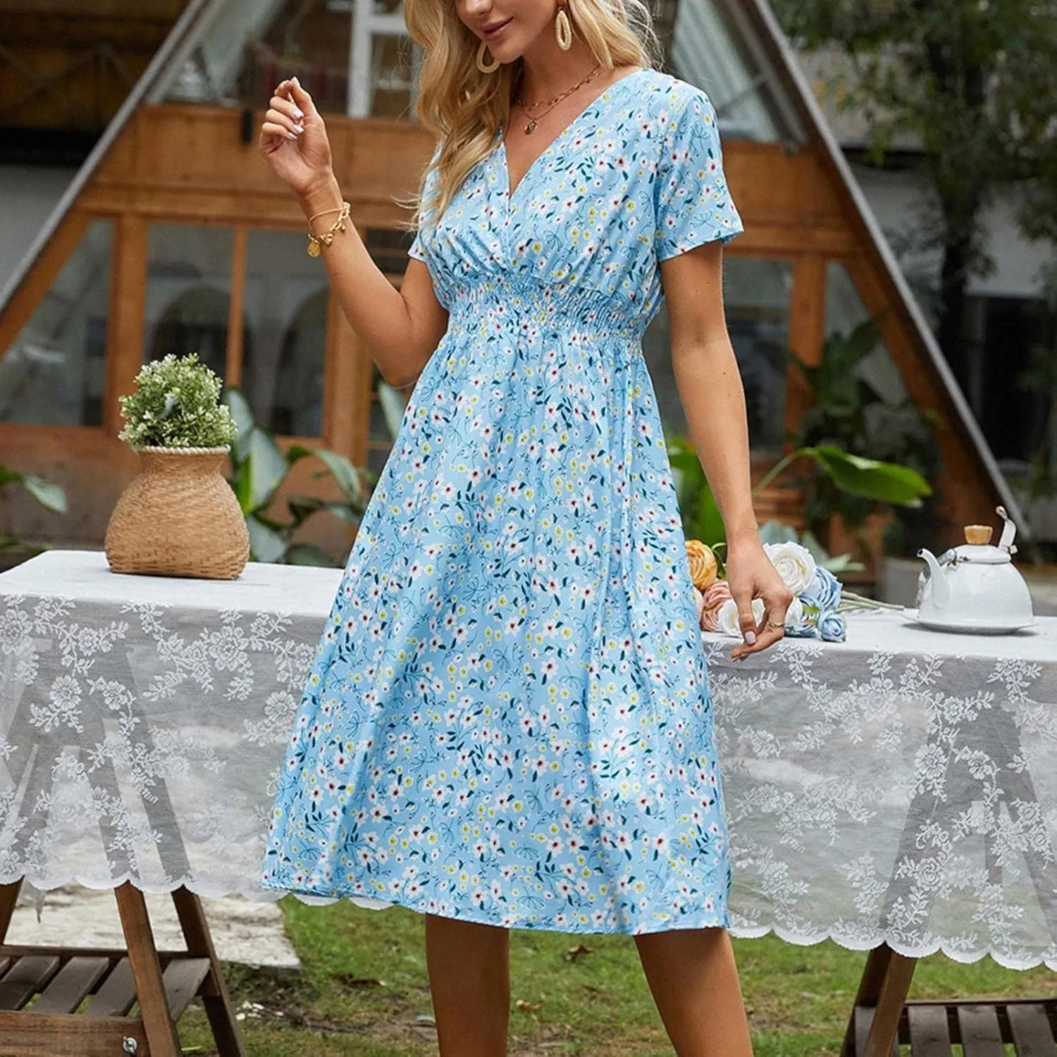Casual Dresses for Women Summer Floral High Waist Beach Sundress Trendy V Neck Short Sleeve Knee Length A Line Dress
