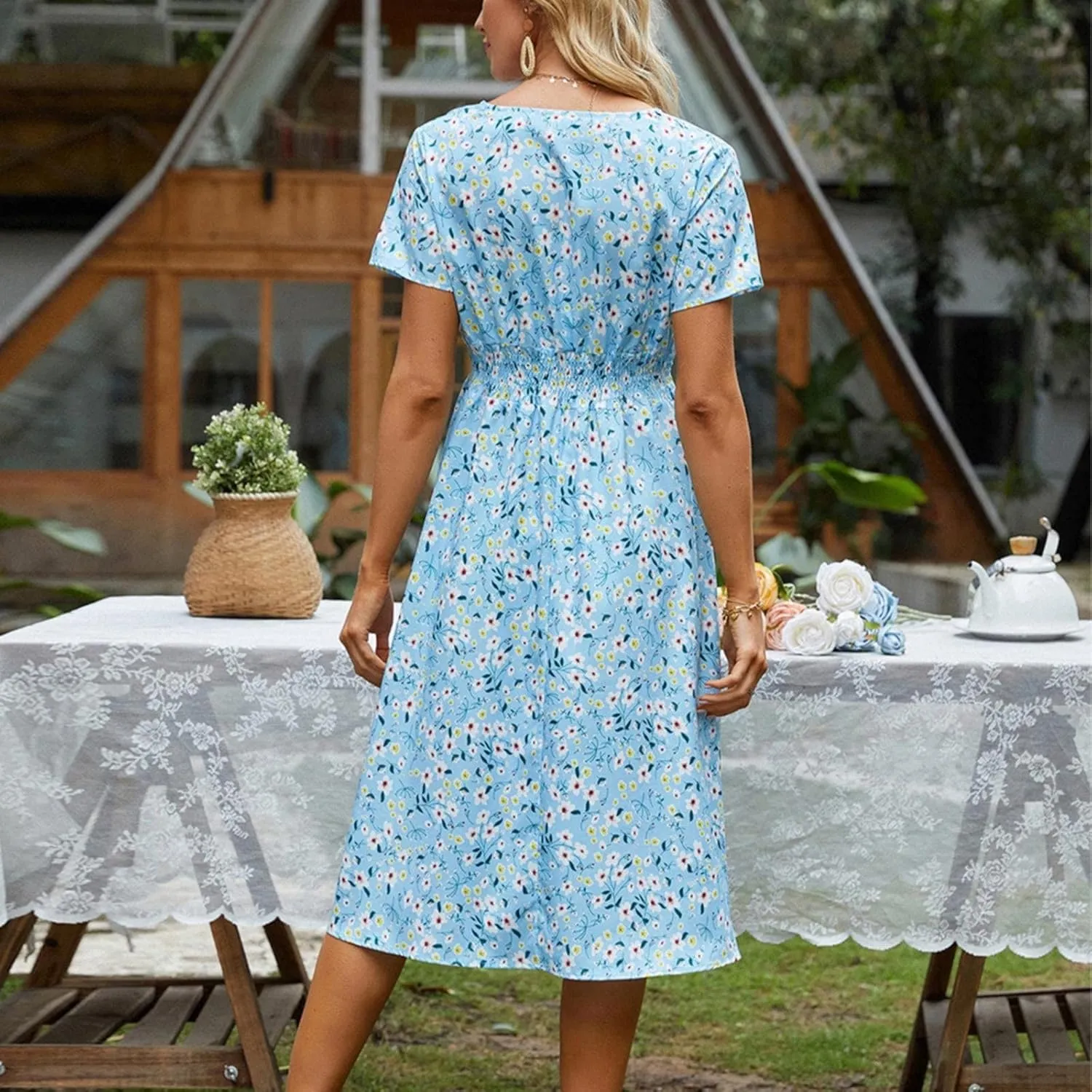 Casual Dresses for Women Summer Floral High Waist Beach Sundress Trendy V Neck Short Sleeve Knee Length A Line Dress