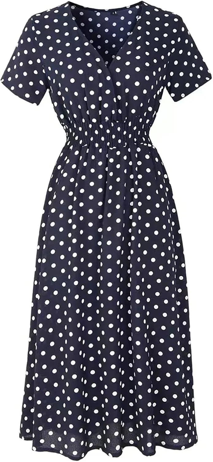 Casual Dresses for Women Summer Floral High Waist Beach Sundress Trendy V Neck Short Sleeve Knee Length A Line Dress