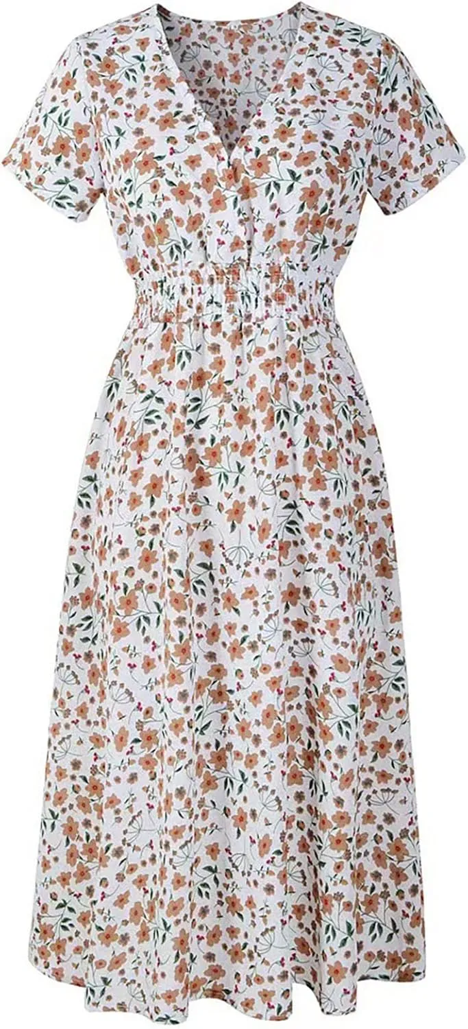 Casual Dresses for Women Summer Floral High Waist Beach Sundress Trendy V Neck Short Sleeve Knee Length A Line Dress