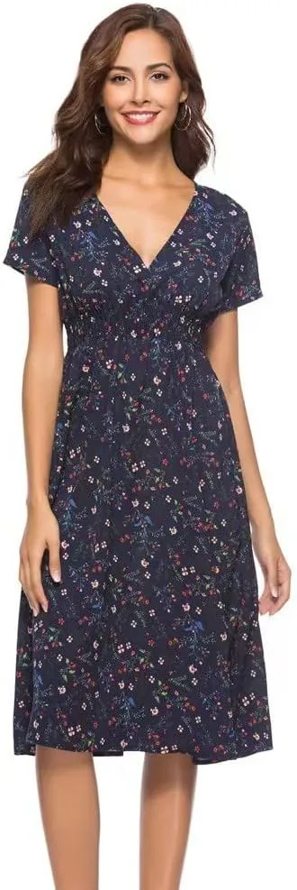 Casual Dresses for Women Summer Floral High Waist Beach Sundress Trendy V Neck Short Sleeve Knee Length A Line Dress