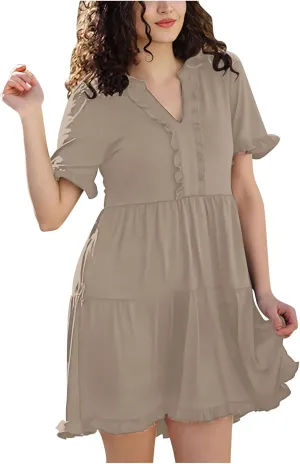 Casual Dresses for Women V Neck Pleated Oversized Flowing Dress Folded Solid Women Beach Vacation Dress