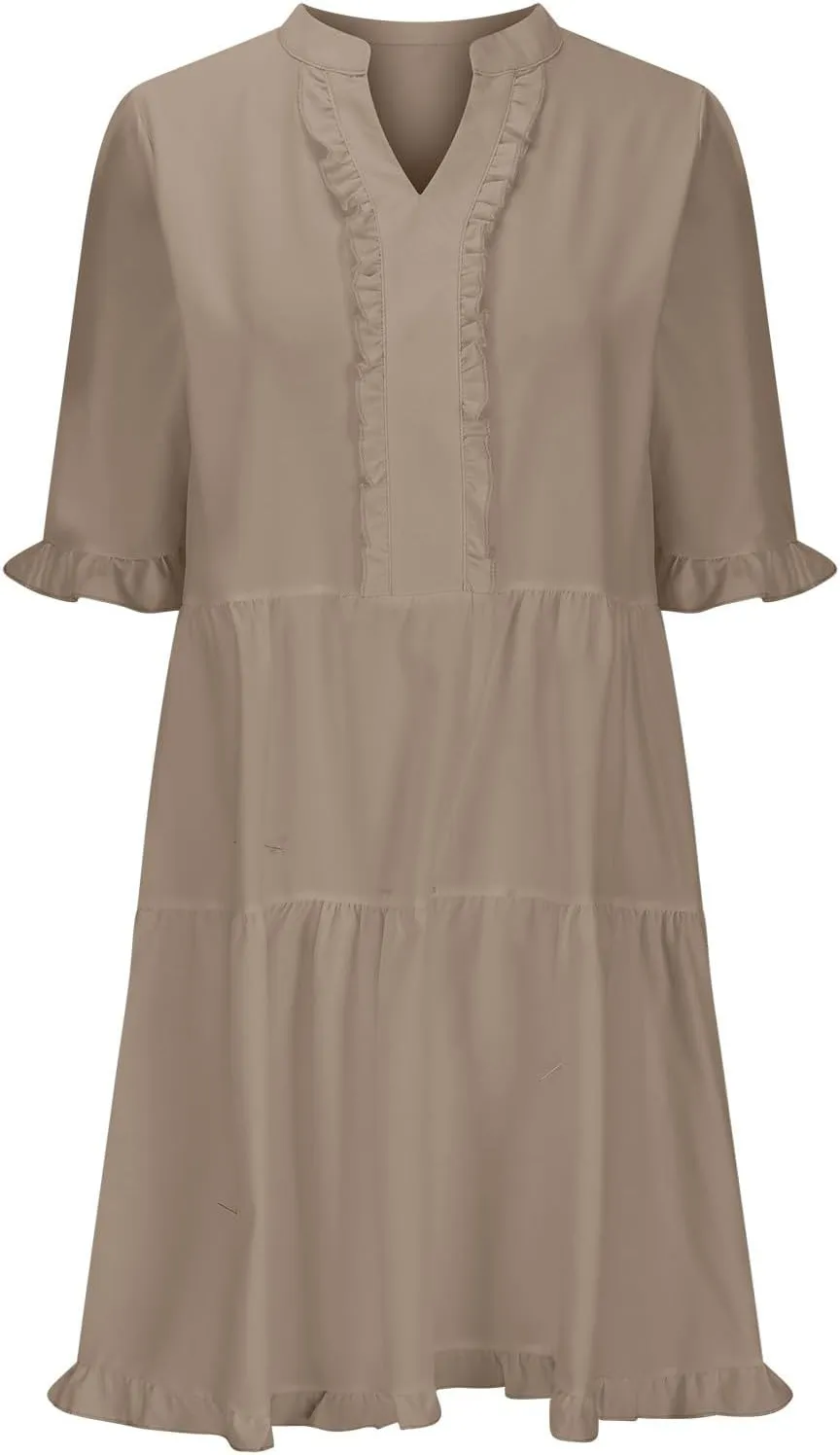 Casual Dresses for Women V Neck Pleated Oversized Flowing Dress Folded Solid Women Beach Vacation Dress