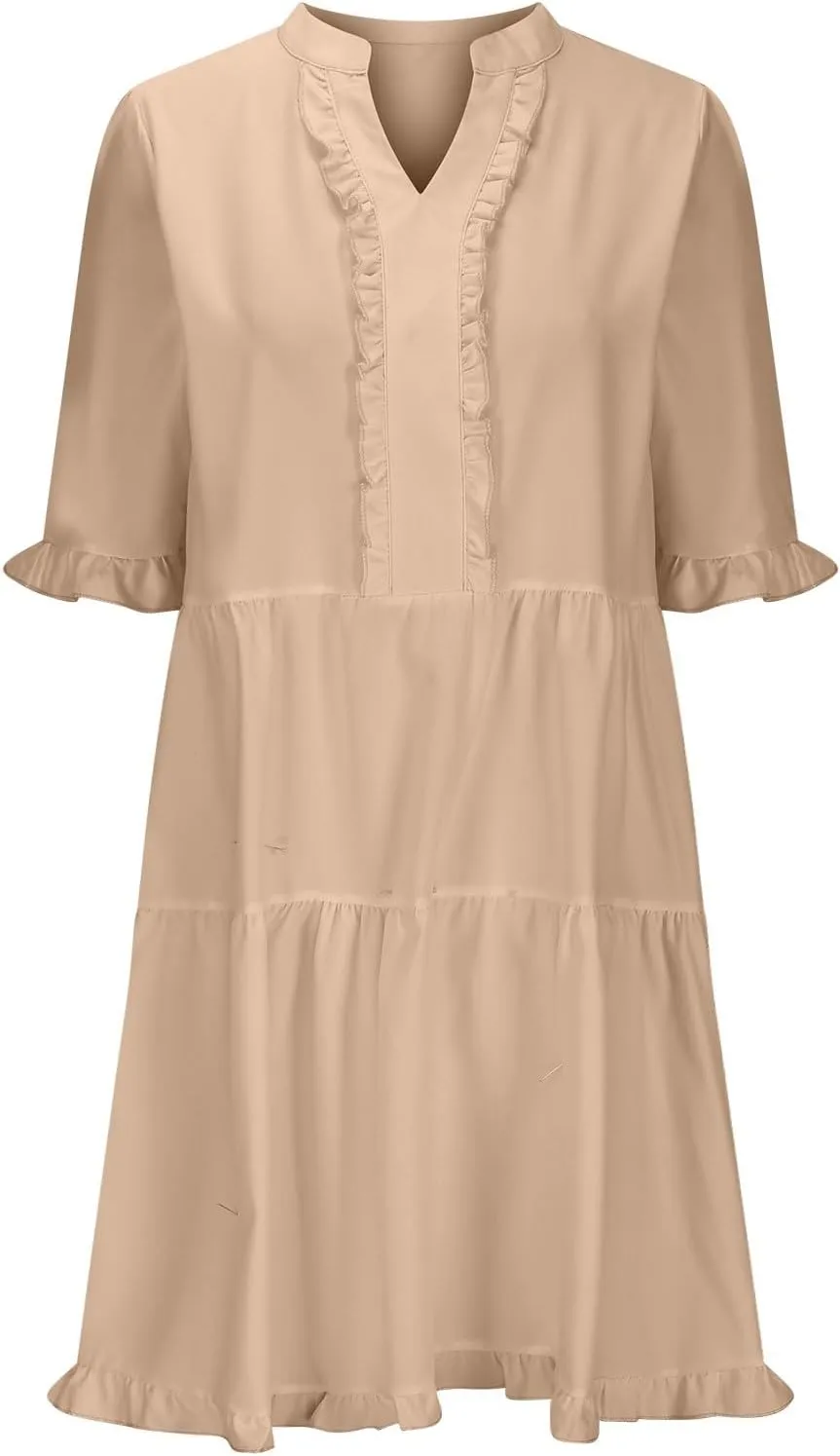 Casual Dresses for Women V Neck Pleated Oversized Flowing Dress Folded Solid Women Beach Vacation Dress