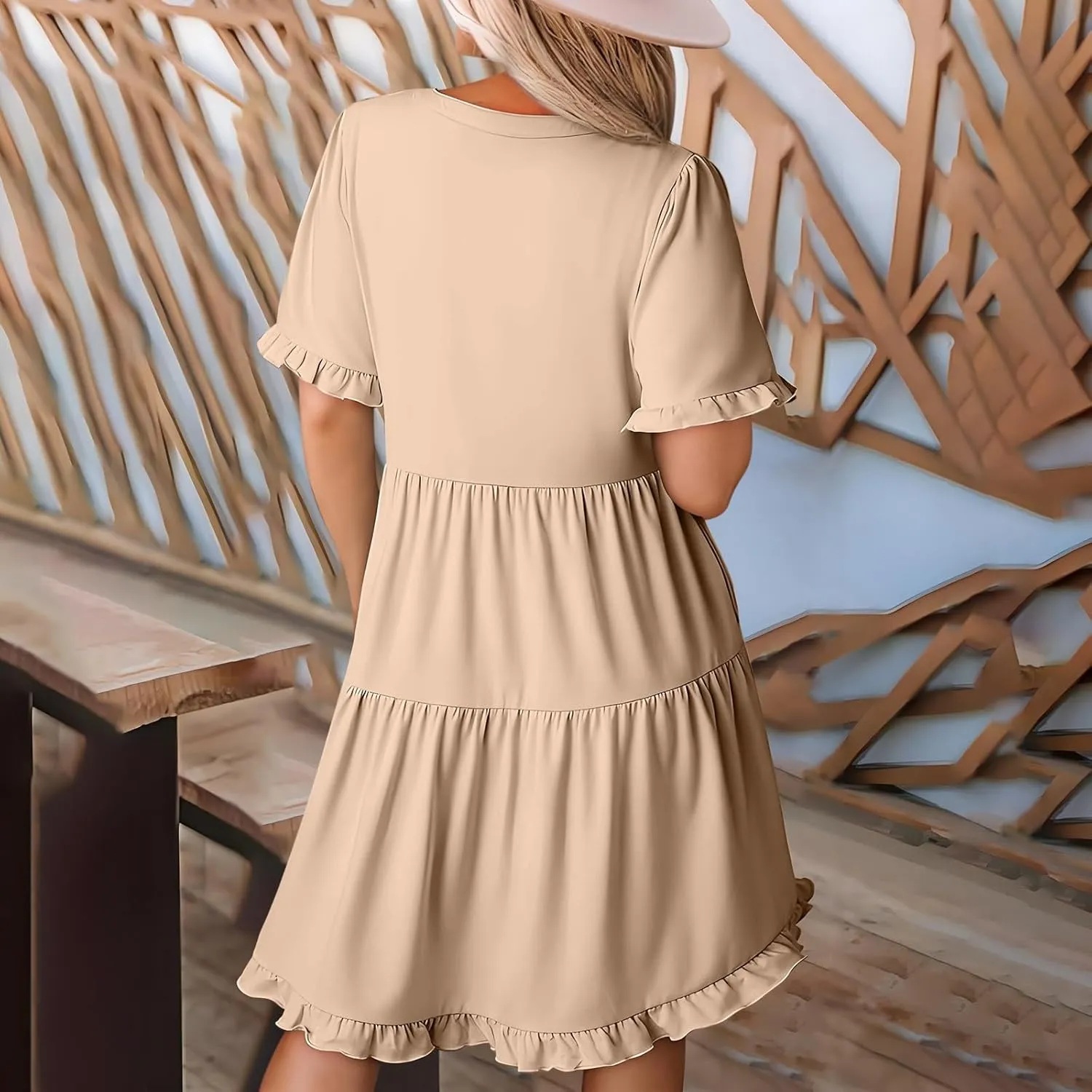 Casual Dresses for Women V Neck Pleated Oversized Flowing Dress Folded Solid Women Beach Vacation Dress