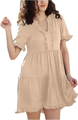Casual Dresses for Women V Neck Pleated Oversized Flowing Dress Folded Solid Women Beach Vacation Dress