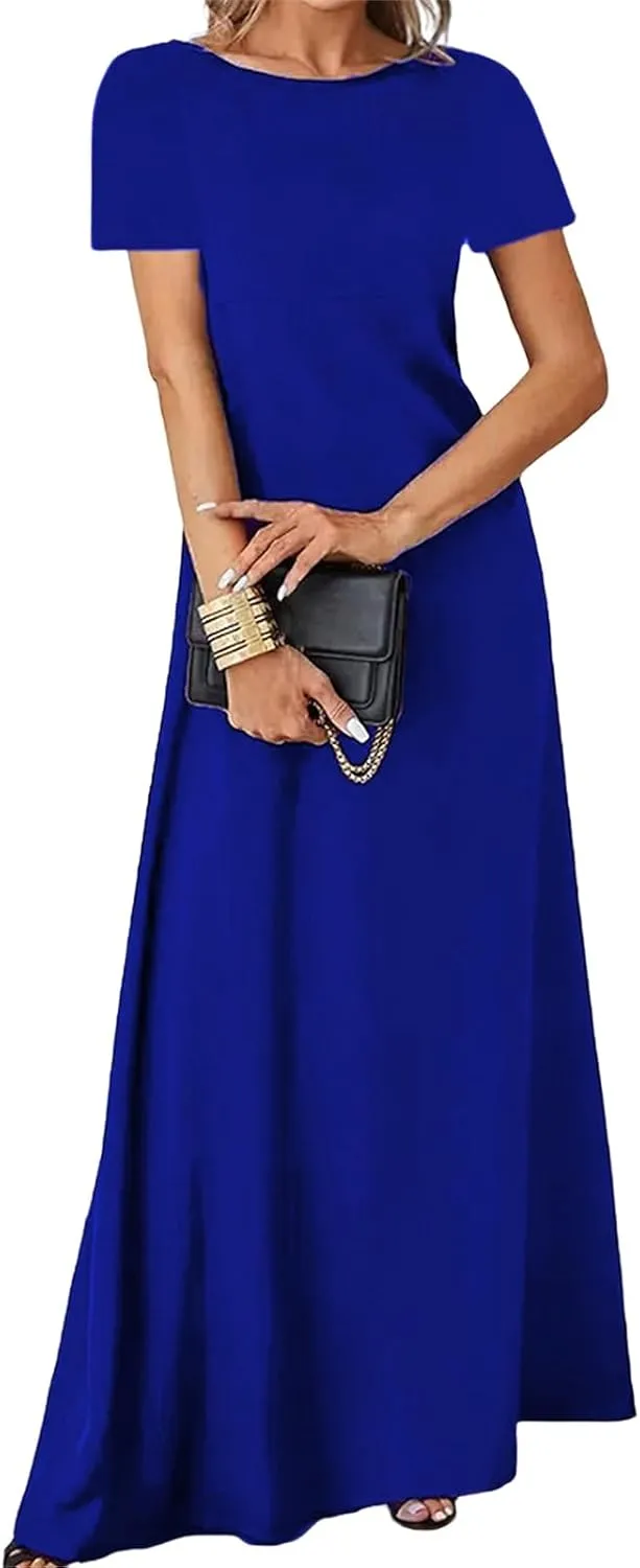 Casual Maxi Dresses for Women Summer Flowy Long Dress Business Short Sleeve Side Slit Dress Loose Plain Comfy Sundress