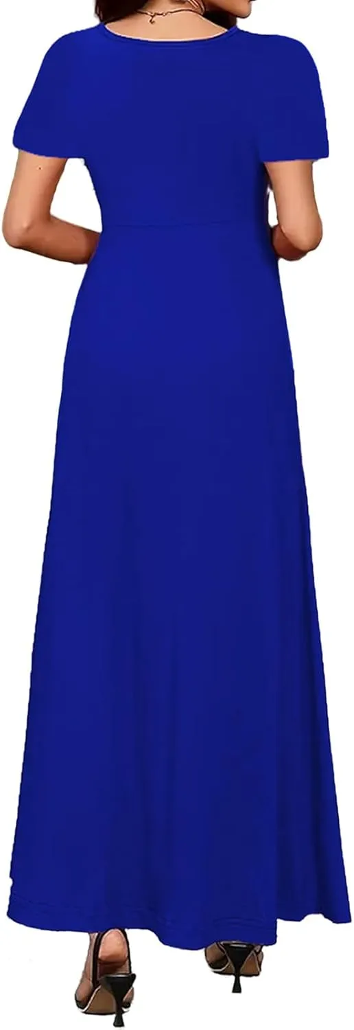 Casual Maxi Dresses for Women Summer Flowy Long Dress Business Short Sleeve Side Slit Dress Loose Plain Comfy Sundress