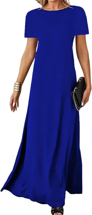 Casual Maxi Dresses for Women Summer Flowy Long Dress Business Short Sleeve Side Slit Dress Loose Plain Comfy Sundress