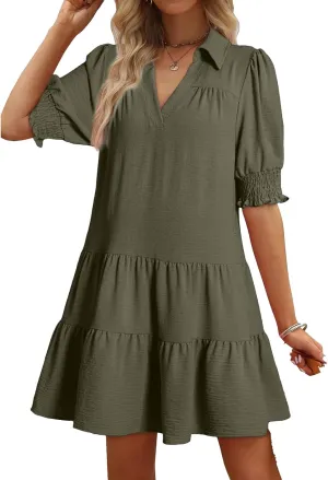 Casual Summer Dresses for Women Lapel Collared V Neck Midi Dress Puff Short Sleeve Ruffle Tiered Dress Sundresses