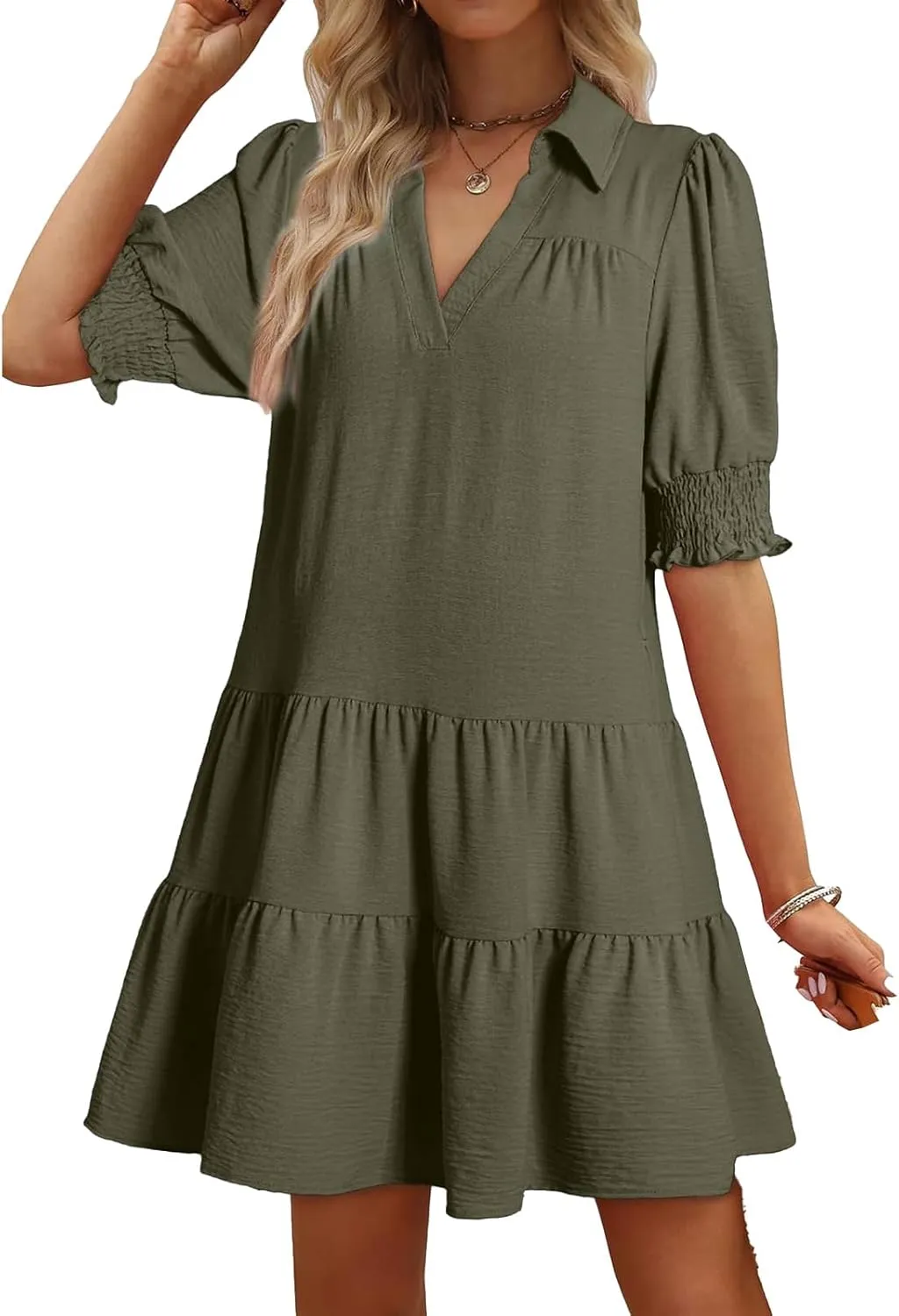 Casual Summer Dresses for Women Lapel Collared V Neck Midi Dress Puff Short Sleeve Ruffle Tiered Dress Sundresses