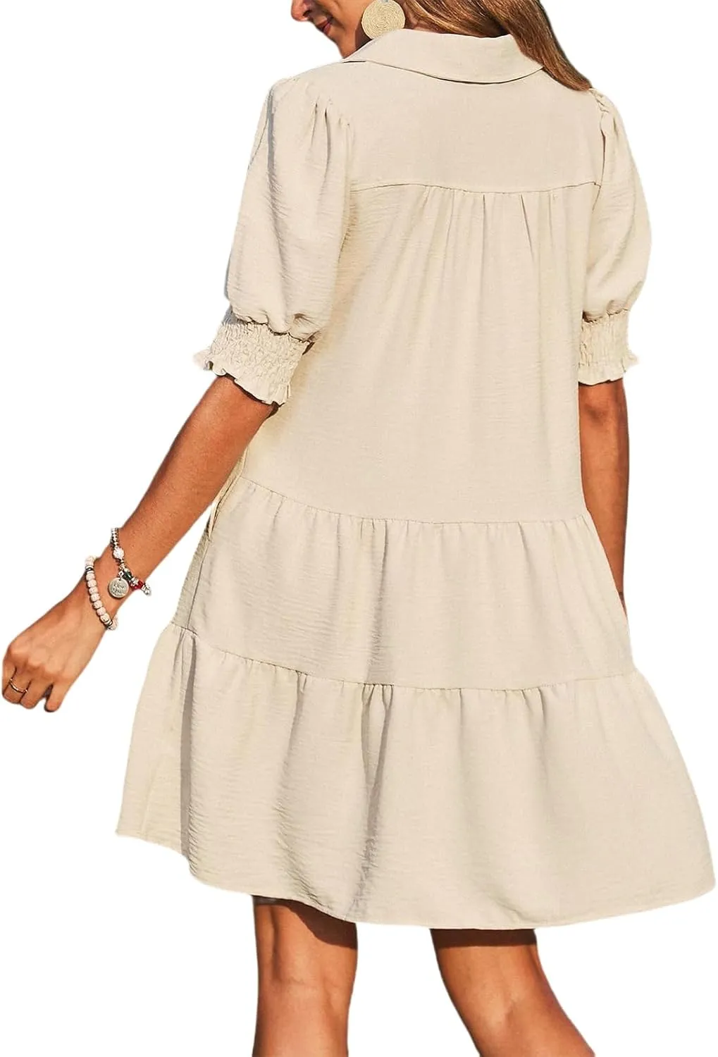 Casual Summer Dresses for Women Lapel Collared V Neck Midi Dress Puff Short Sleeve Ruffle Tiered Dress Sundresses