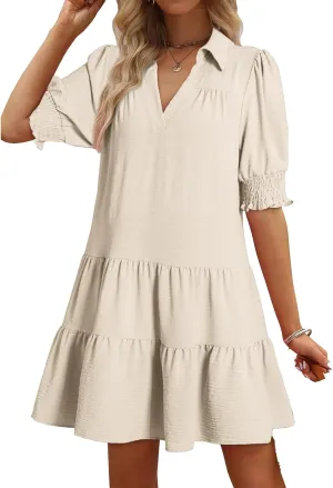 Casual Summer Dresses for Women Lapel Collared V Neck Midi Dress Puff Short Sleeve Ruffle Tiered Dress Sundresses