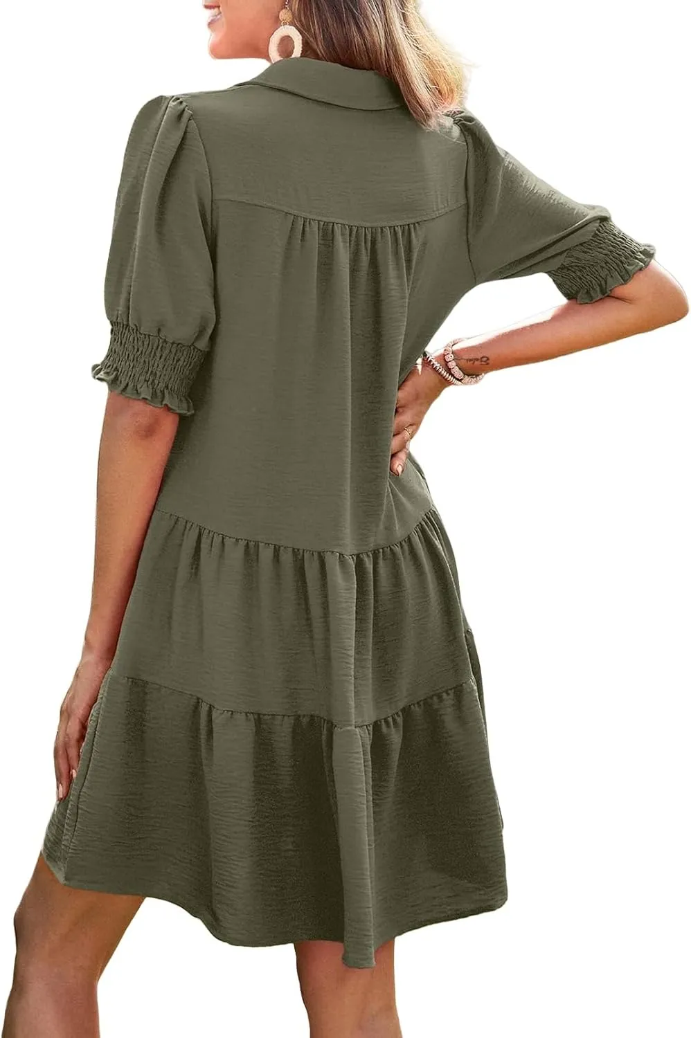 Casual Summer Dresses for Women Lapel Collared V Neck Midi Dress Puff Short Sleeve Ruffle Tiered Dress Sundresses
