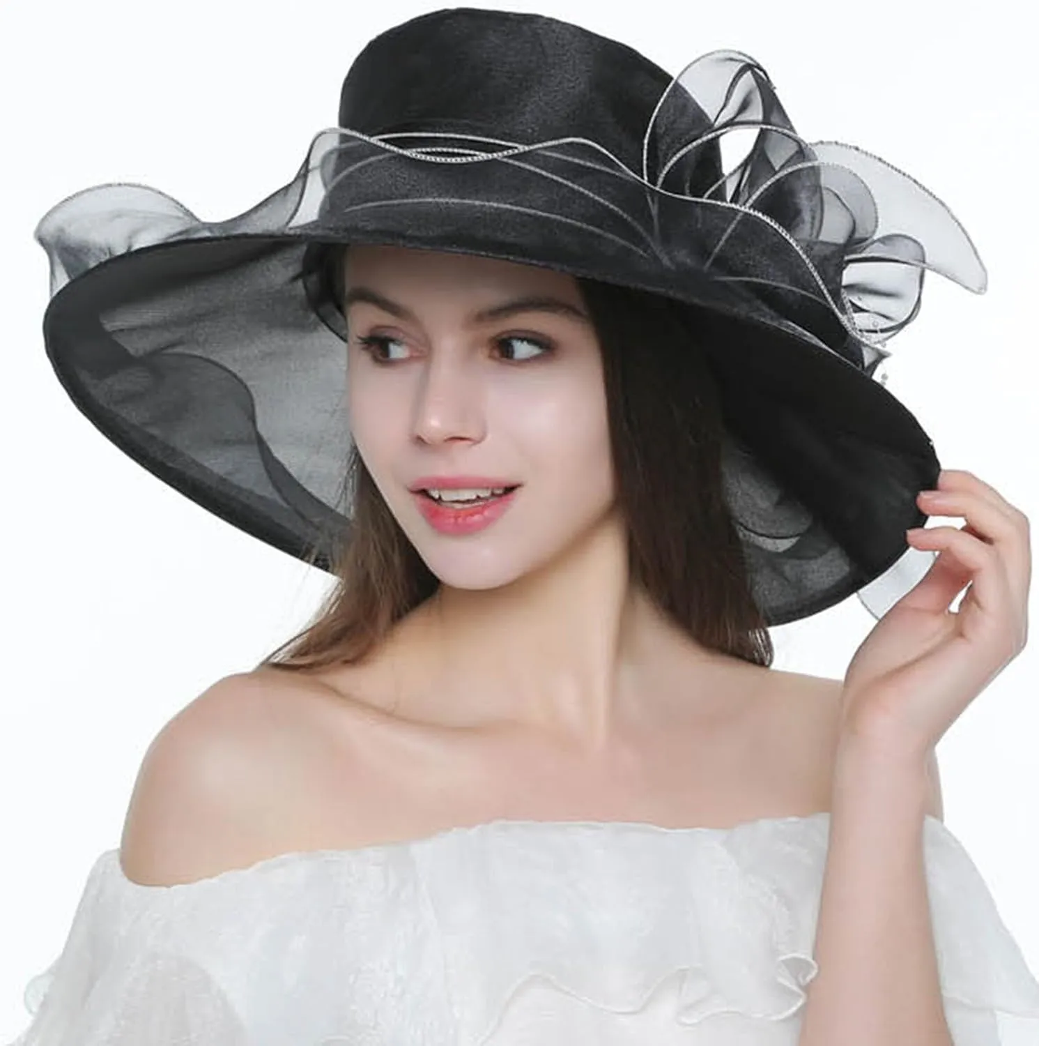 Church Derby Hat Wide Brim 𝙲ocktail Tea Party Bridal Dress Hats Organza Derby Hat