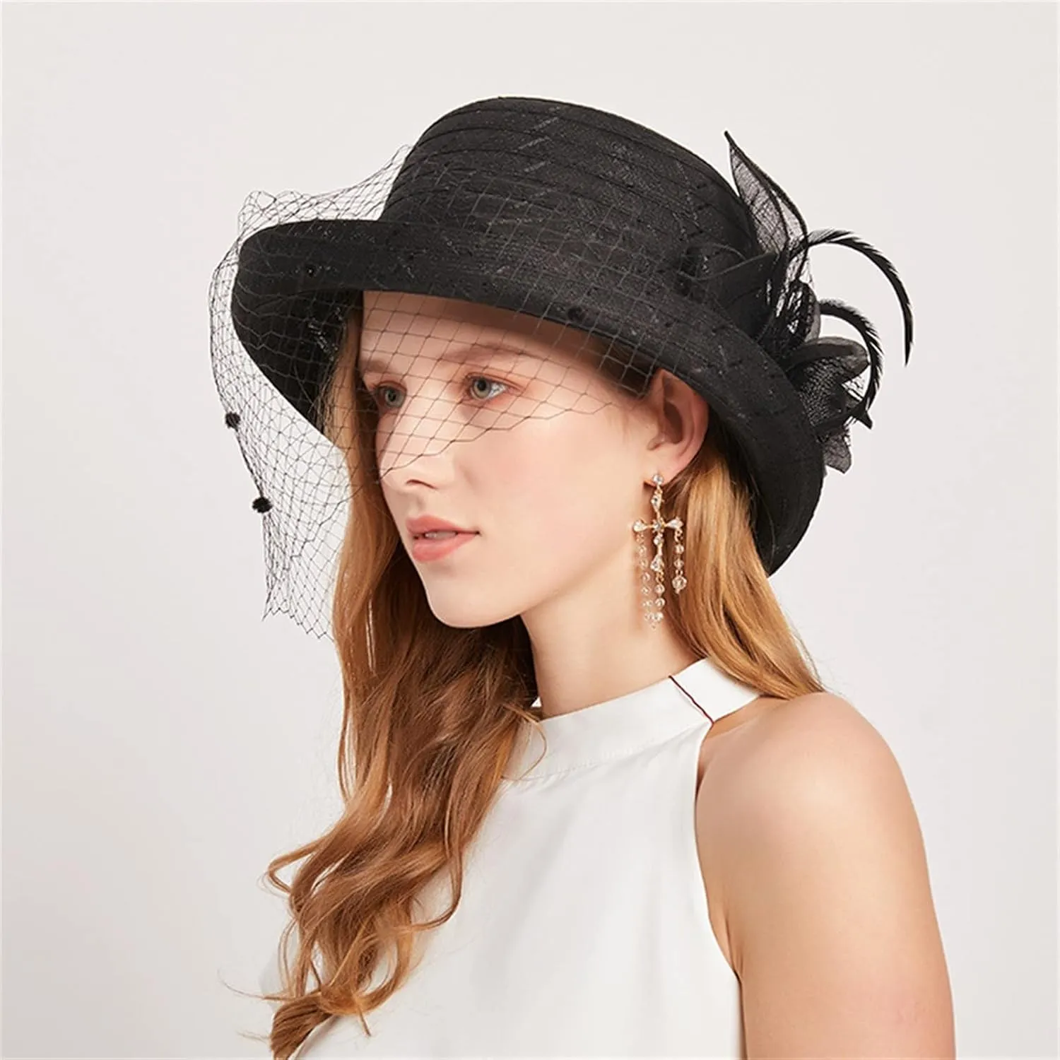 Church Hats for Women Black Lace Wide Brim Sun Hat Tea Party for Ladies Organza Weddings Hats Summer Sun Hats