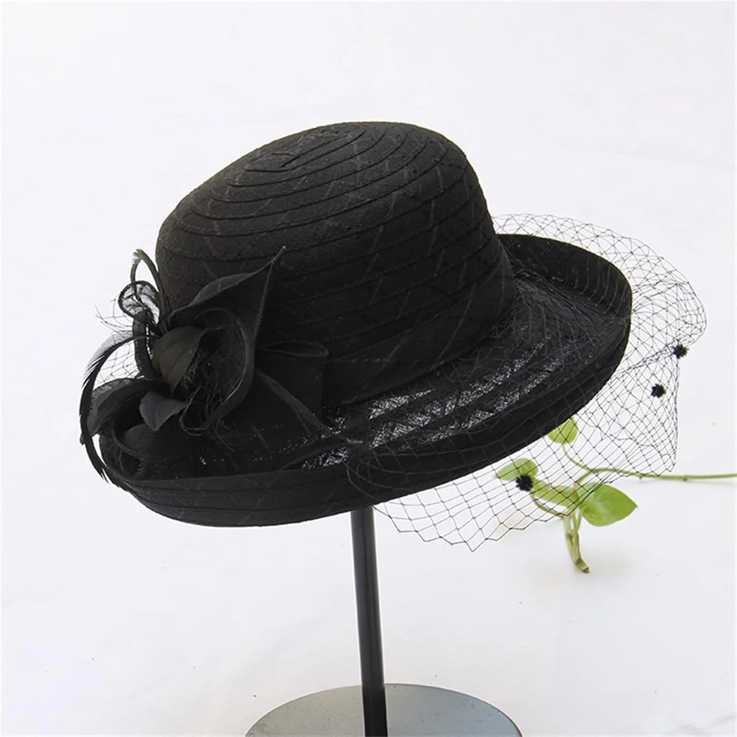 Church Hats for Women Black Lace Wide Brim Sun Hat Tea Party for Ladies Organza Weddings Hats Summer Sun Hats