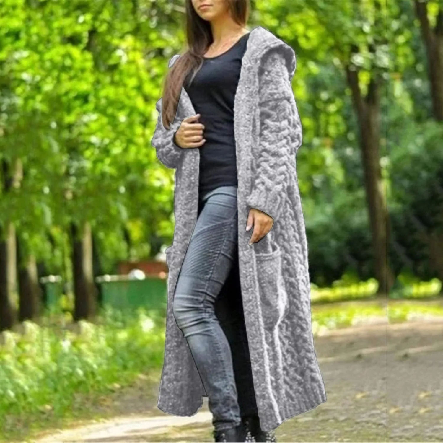 Corduroy Jacket Women Oversized Baggy Knit Sweater Tops Long Sleeve Hooded Cardigan Coat with Pockets