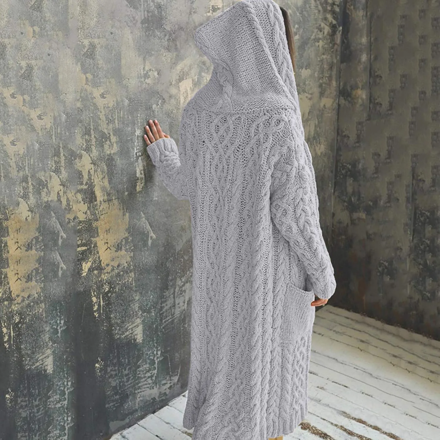 Corduroy Jacket Women Oversized Baggy Knit Sweater Tops Long Sleeve Hooded Cardigan Coat with Pockets