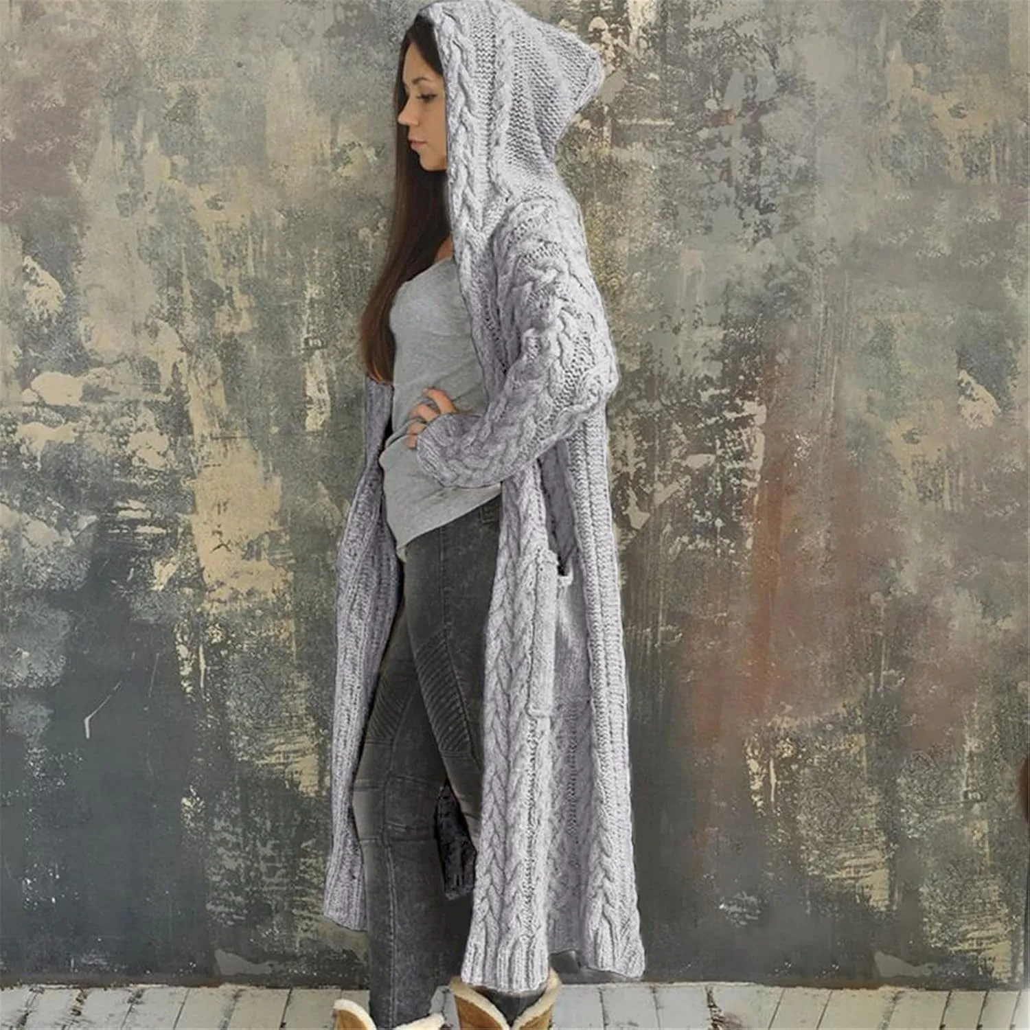 Corduroy Jacket Women Oversized Baggy Knit Sweater Tops Long Sleeve Hooded Cardigan Coat with Pockets