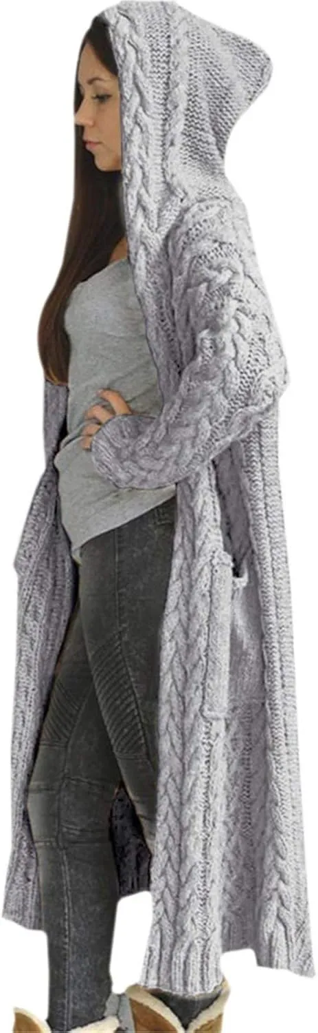 Corduroy Jacket Women Oversized Baggy Knit Sweater Tops Long Sleeve Hooded Cardigan Coat with Pockets
