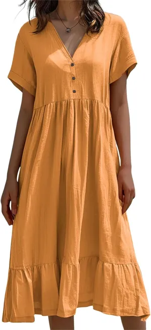 Cotton and Linen V-Neck Midi Dress Short Sleeve Pleated High Waisted Tiered Maxi Dresses Casual Loose Solid Dresses