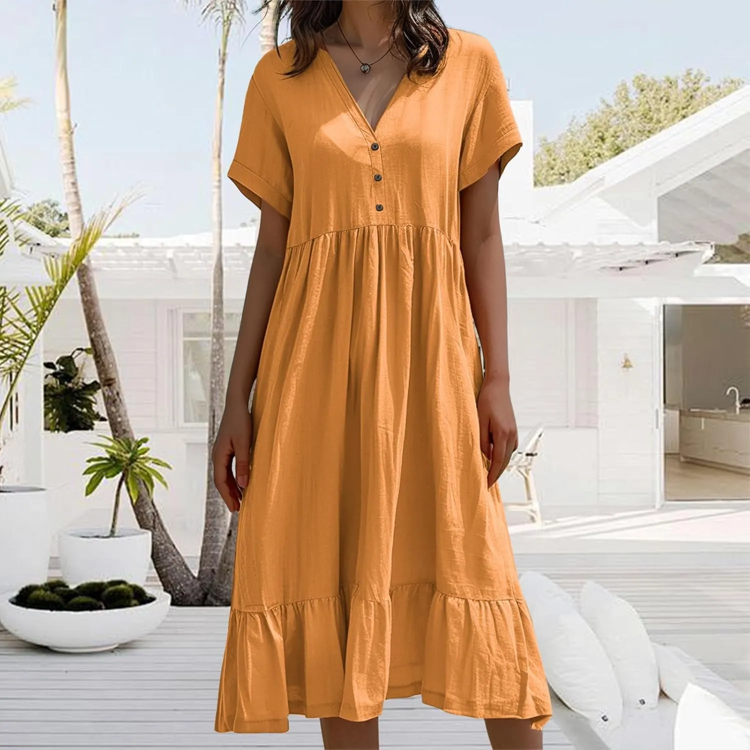 Cotton and Linen V-Neck Midi Dress Short Sleeve Pleated High Waisted Tiered Maxi Dresses Casual Loose Solid Dresses